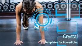  Presentation with digital - Presentation design with digital composition of woman doing push up exercise in gym and fitness interface background and a ocean colored foreground