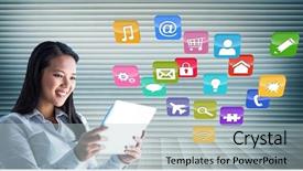  Presentation with application - Beautiful presentation theme featuring digital composition of woman using digital tablet against application icons in background backdrop and a light blue colored foreground