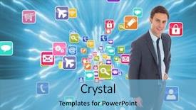  Presentation with blue lights - Presentation theme with digital convergence - cheerful businessman standing with hand background and a light blue colored foreground