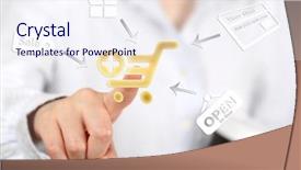  Presentation with touch screen technology - Theme enhanced with digital display - woman hand push on technology background and a  colored foreground