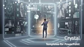  Presentation with business laptops globe - Presentation theme featuring digital ecosystem - businessman in global business concept background and a gray colored foreground