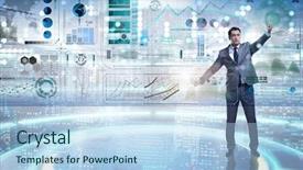  Presentation with business laptops globe - PPT theme with digital ecosystem - businessman in global business concept background and a light blue colored foreground