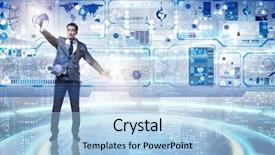  Presentation with business laptops globe - Presentation theme consisting of digital ecosystem - businessman in global business concept background and a light blue colored foreground