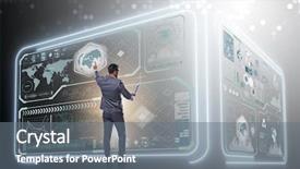  Presentation with business laptops globe - Audience pleasing presentation theme consisting of digital ecosystem - businessman in global business concept backdrop and a  colored foreground