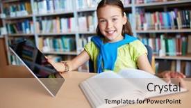  Presentation with open book - Amazing presentation design having digital education - portrait of a lovely girl backdrop and a coral colored foreground