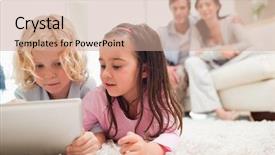  Presentation with computer room - PPT theme featuring digital electronics - cute siblings using a tablet background and a  colored foreground