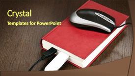  Presentation with digital book - Slide deck featuring digital electronics - electronic book concept on desk background and a tawny brown colored foreground