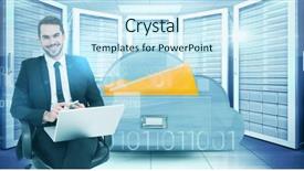  Presentation with file drawer - Cool new presentation design with digital file - happy businessman with laptop using backdrop and a sky blue colored foreground