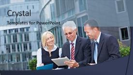  Presentation with team - Cool new presentation theme with digital file - modern business team working outside backdrop and a  colored foreground