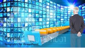  Presentation with file drawer - Cool new presentation design with digital file - rear view of mature businessman backdrop and a teal colored foreground