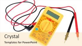  Presentation with multimeter - Presentation theme consisting of digital fuel meter - multimeter isolated on white background and a yellow colored foreground