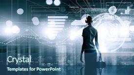  Presentation with suitcase - PPT theme enhanced with digital future - rear view of businesswoman background and a ocean colored foreground