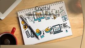  Presentation with digital pen - Presentation theme enhanced with digital generated image of various business icons against overhead of notepad and pen background and a coral colored foreground