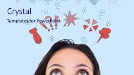  Presentation with graphics - Presentation design consisting of digital generated image of woman looking at graphics sign background and a sky blue colored foreground