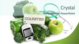  Presentation with diabetes diet - PPT theme consisting of digital glucometer fruits and vegetables background and a cool aqua colored foreground