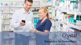  Presentation with pharmacist - Slide set consisting of digital healthcare - happy customer using mobile phone background and a teal colored foreground