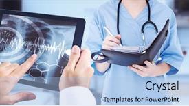  Presentation with man relaxing on massage table - Colorful presentation theme enhanced with digital healthcare - man using tablet pc backdrop and a light blue colored foreground