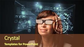  Presentation with futuristic glasses - Colorful presentation enhanced with digital human - young woman looking with futuristic backdrop and a tawny brown colored foreground