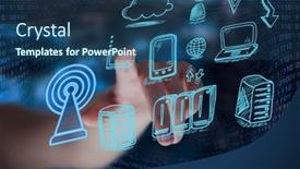  Presentation with data processing - Presentation design consisting of digital-icons-against-hand-touching background and a ocean colored foreground