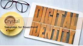  Presentation with digital identity - Audience pleasing presentation theme consisting of digital identity concept - word abstract in letterpress wood type on a tablet flat lay with coffee and glasses internet networking and online presence backdrop and a yellow colored foreground