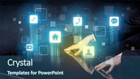  Presentation with modern tech - Amazing PPT theme having digital innovation - modern smart table with high backdrop and a ocean colored foreground