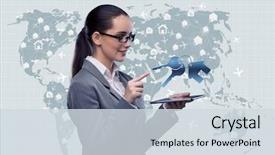  Presentation with hotel key - Amazing slide deck having digital key - businesswoman with tablet in hotel backdrop and a sky blue colored foreground