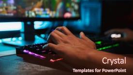  Presentation with colorful hands - Colorful theme enhanced with digital key - hands of young gamer man backdrop and a wine colored foreground