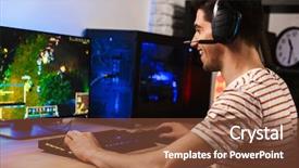  Presentation with video game 3d play games - Cool new PPT theme with digital key - portrait of professional gamer guy backdrop and a tawny brown colored foreground