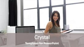  Presentation with woman office desk - PPT theme enhanced with digital leaders - smiling young business woman holding background and a gray colored foreground