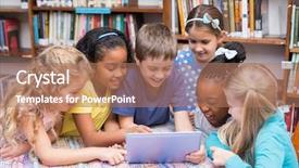  Presentation with digital library - Presentation theme with digital learning - cute pupils looking at tablet background and a coral colored foreground
