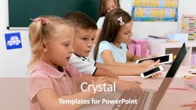  Presentation with classroom - Amazing slide set having digital learning - group of children at laptop backdrop and a coral colored foreground