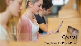  Presentation with digital library - Audience pleasing presentation consisting of digital learning - student is studying with tablet backdrop and a coral colored foreground