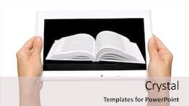  Presentation with electronic library - Colorful theme enhanced with digital library - hands with electronic book backdrop and a light gray colored foreground