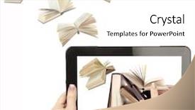  Presentation with digital books - PPT theme featuring digital library - information transfer books flying background and a white colored foreground