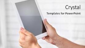  Presentation with hands holding black tablet - Audience pleasing PPT theme consisting of digital library - male hand holding pc tablet backdrop and a white colored foreground