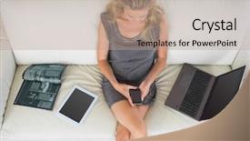  Presentation with electronic circuits and devices - PPT theme with digital magazine - casual blonde relaxing on couch background and a coral colored foreground