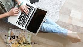  Presentation with cheerful stylish city girl using - PPT theme enhanced with digital magazine - young girl sitting on rug background and a coral colored foreground