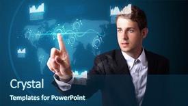  Presentation with modern tech - PPT theme featuring digital man - businessman pressing high tech type background and a ocean colored foreground