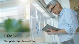  Presentation with analyzing behavior - Presentation featuring digital marketing agemanagement - businessman analyzing results charts hanged background and a  colored foreground