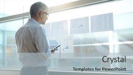  Presentation with office - PPT theme featuring digital marketing agemanagement - businessman analyzing results charts hanged background and a light blue colored foreground