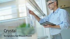  Presentation with analyzing behavior - PPT layouts consisting of digital marketing agemanagement - businessman analyzing results charts hanged background and a  colored foreground