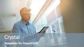  Presentation with office - Slide deck having digital marketing agemanagement - businessman analyzing results charts hanged background and a  colored foreground