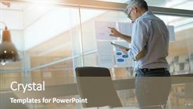  Presentation with analyzing behavior - Slide set featuring digital marketing agemanagement - businessman analyzing results charts hanged background and a  colored foreground