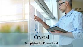  Presentation with survey results - PPT theme enhanced with digital marketing agemanagement - businessman analyzing results charts hanged background and a  colored foreground