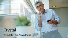  Presentation with talking on phone - Beautiful slides featuring digital marketing agemanagement - businessman talking on phone while backdrop and a light blue colored foreground