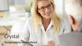  Presentation with meeting - Presentation design consisting of digital marketing agemanagement - businesswoman with client in business background and a  colored foreground