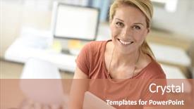  Presentation with successful - Cool new PPT theme with digital marketing agemanagement - smiling successful and attractive businesswoman backdrop and a  colored foreground