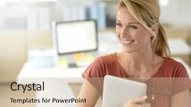  Presentation with success successful courageous successful - Slide set featuring digital marketing agemanagement - smiling successful and attractive businesswoman background and a  colored foreground