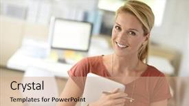  Presentation with successful - Beautiful theme featuring digital marketing agemanagement - smiling successful and attractive businesswoman backdrop and a  colored foreground