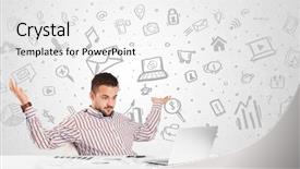  Presentation with business - PPT theme enhanced with digital marketing background - business man sitting at table background and a white colored foreground